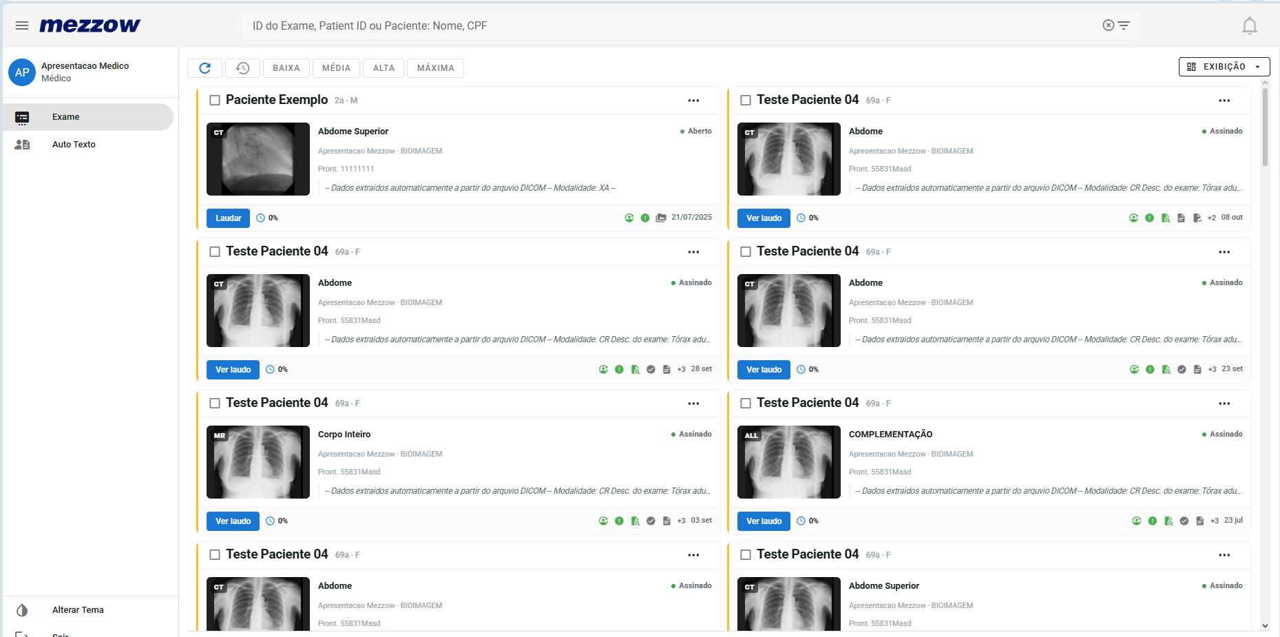 Organização de exames da Mezzow em cards, com imagens, status e pacientes de demonstração