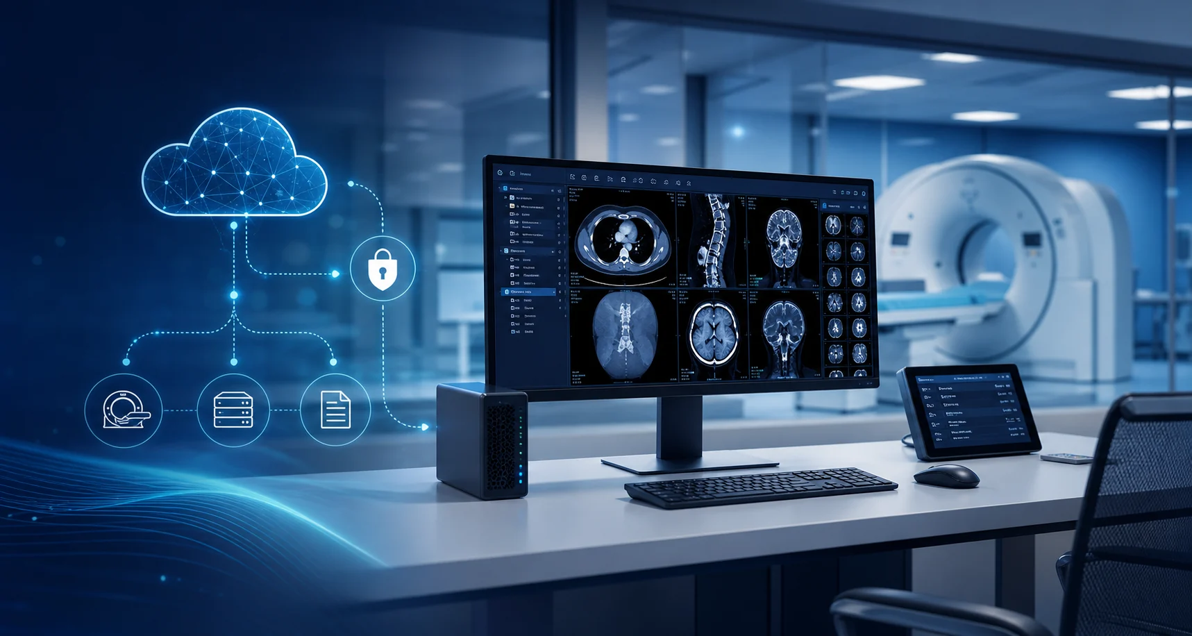 Ambiente PACS com imagens médicas, integração local e cloud