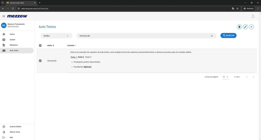 Tela para editar Auto Texto